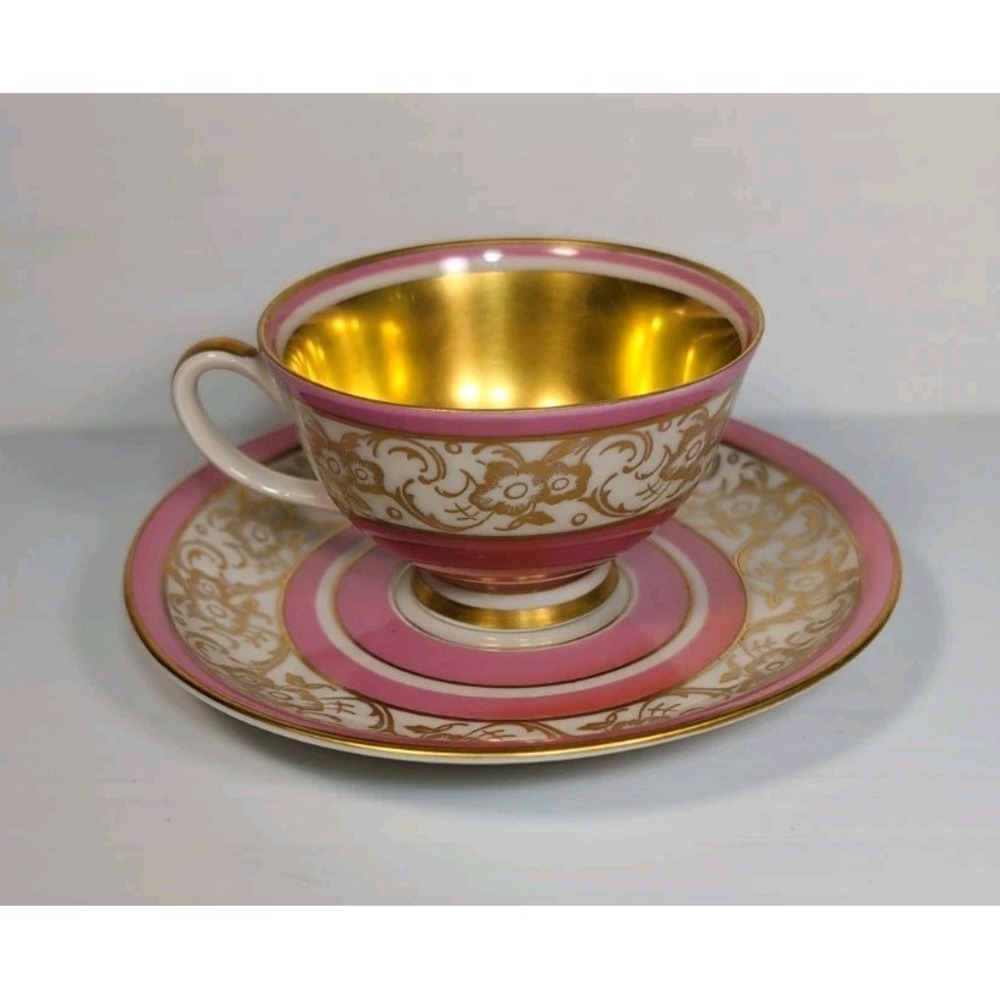 Vintage 1940s Reichenbach Footed Tea Cup & Saucer Set Floral/ Gold Original Box